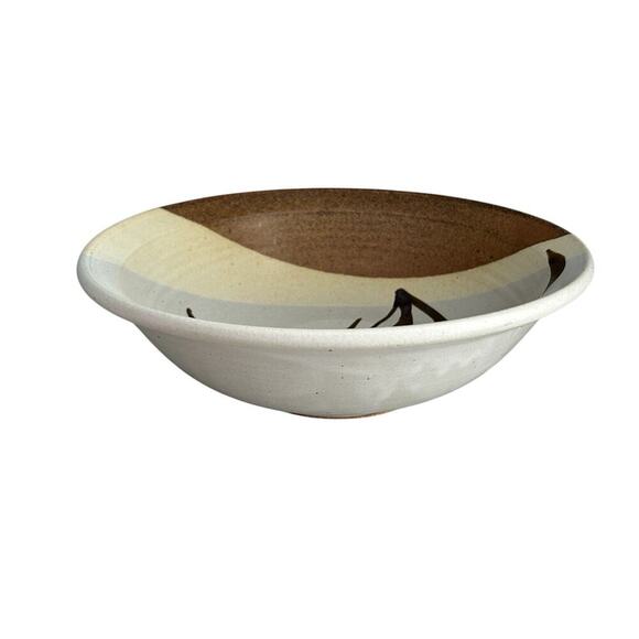 11 1/4” Stoneware Bowl Signed (Gary) Shaffer Blue Flowers Brown Yellow Dish - Picture 8 of 12